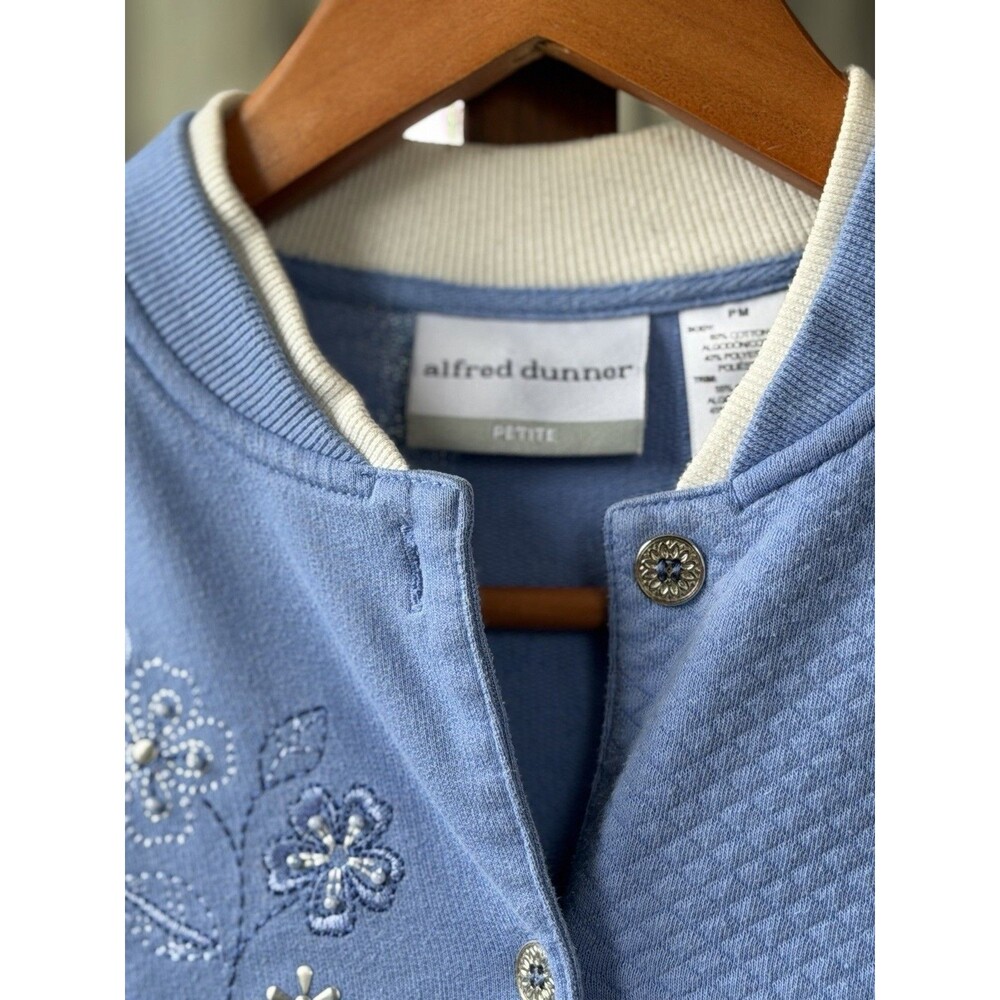 Alfred Dunner Women’s Petites PM Blue Full Zip Embroidered Floral Sweatshirt